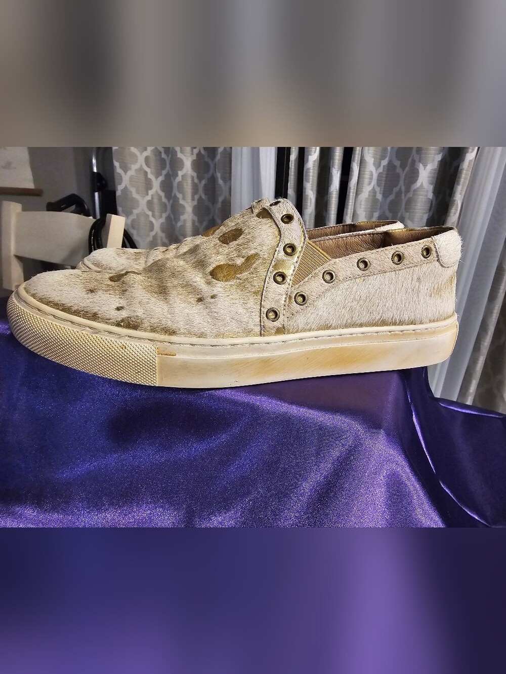 Chocolat Blu Noella Gold Calf Hair Slip On Sneakers Studded 38 7.5-8